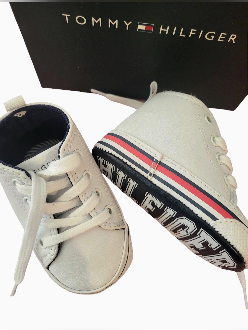 Tommy Hilfiger Kids White Sneakers with Navy & Red Stripe Accent 3-6M